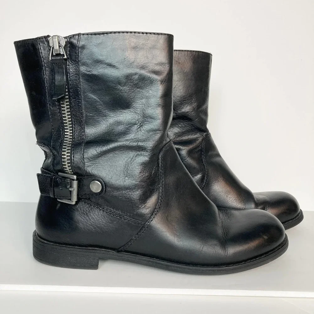 Nine West Black Leather Moto Style Biker Boots Women's Size 8M Buckle Zipper - Picture 6 of 16